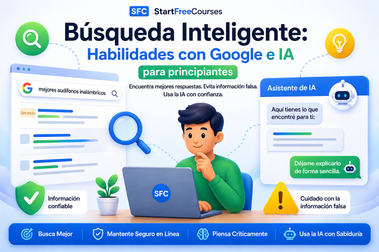 Persona principiante aprendiendo búsqueda inteligente con Google e inteligencia artificial, evitando información falsa y encontrando resultados fiables