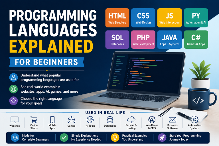 Programming Languages Explained for Beginners course banner with HTML, CSS, JavaScript, Python, SQL, PHP, Java, and C# examples