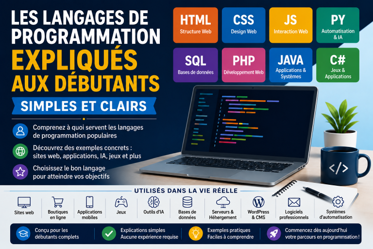 Les langages de programmation expliqués aux débutants – HTML, CSS, JavaScript, Python, SQL, PHP, Java et C# expliqués simplement.