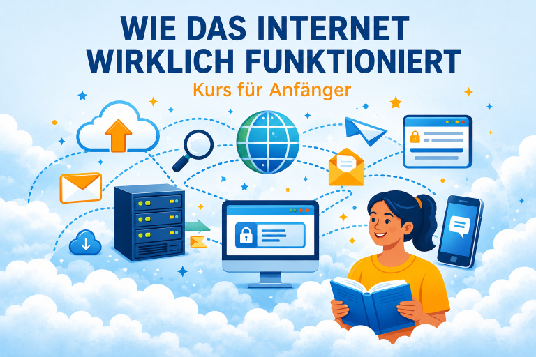Wie das Internet wirklich funktioniert – Kurs für Anfänger von StartFreeCourses mit einfacher Darstellung von Servern, Websites, Cloud-Diensten und Internetverbindungen.