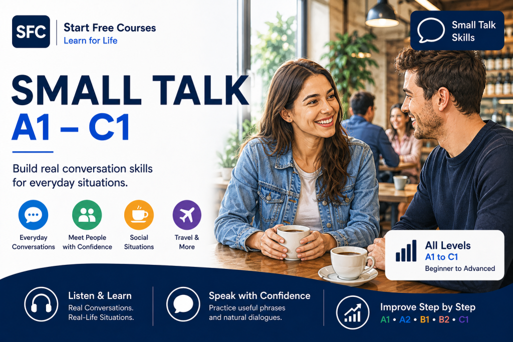 Parcours Small Talk English de StartFreeCourses du niveau A1 au niveau C1 avec deux personnes discutant dans un café