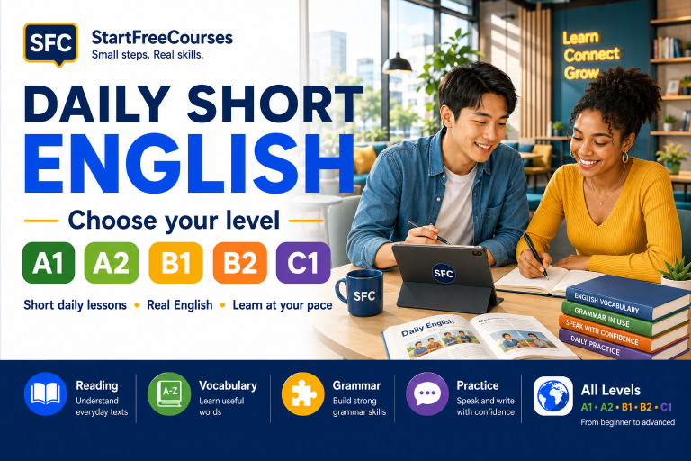Parcours Daily Short English de StartFreeCourses du niveau A1 au niveau C1 avec deux apprenants étudiant ensemble