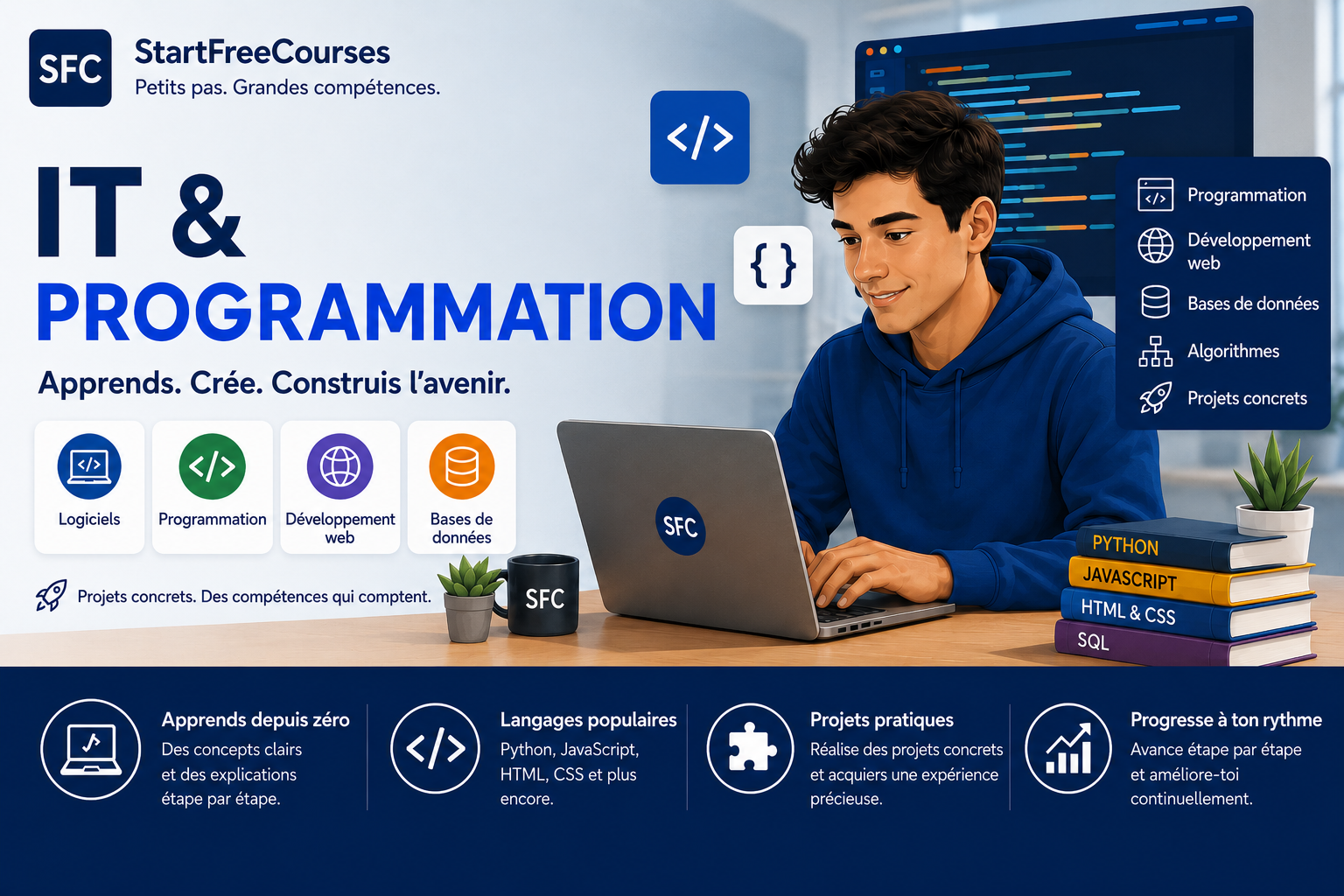 Cours d’informatique et de programmation de StartFreeCourses sur la technologie, les logiciels, la programmation, le développement web et les bases de données