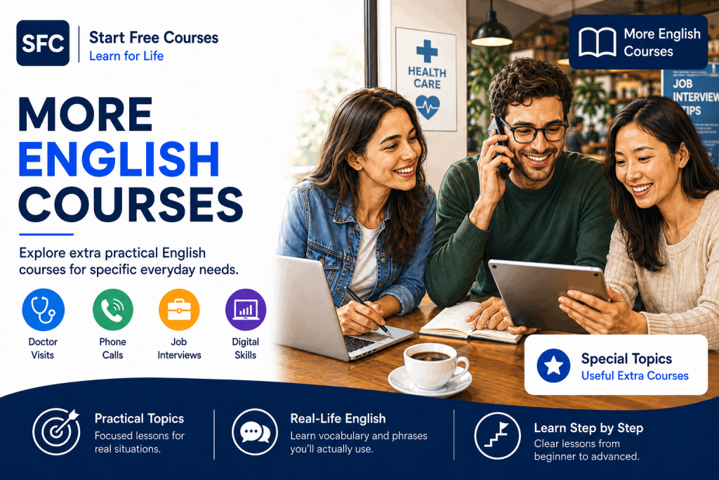 Collection de cours pratiques d’anglais StartFreeCourses pour la santé, le travail, les appels téléphoniques, les compétences numériques et d’autres besoins spécifiques