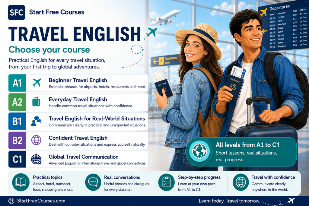 Parcours Travel English de StartFreeCourses du niveau A1 au niveau C1 avec deux voyageurs dans un aéroport