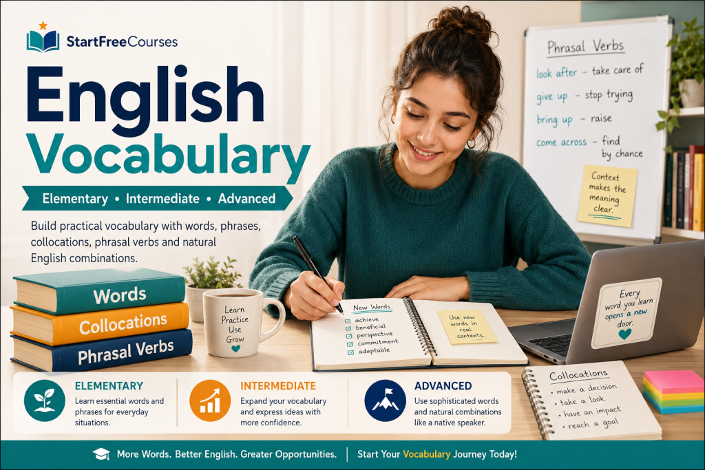 Parcours de vocabulaire anglais de StartFreeCourses pour développer progressivement un vocabulaire pratique