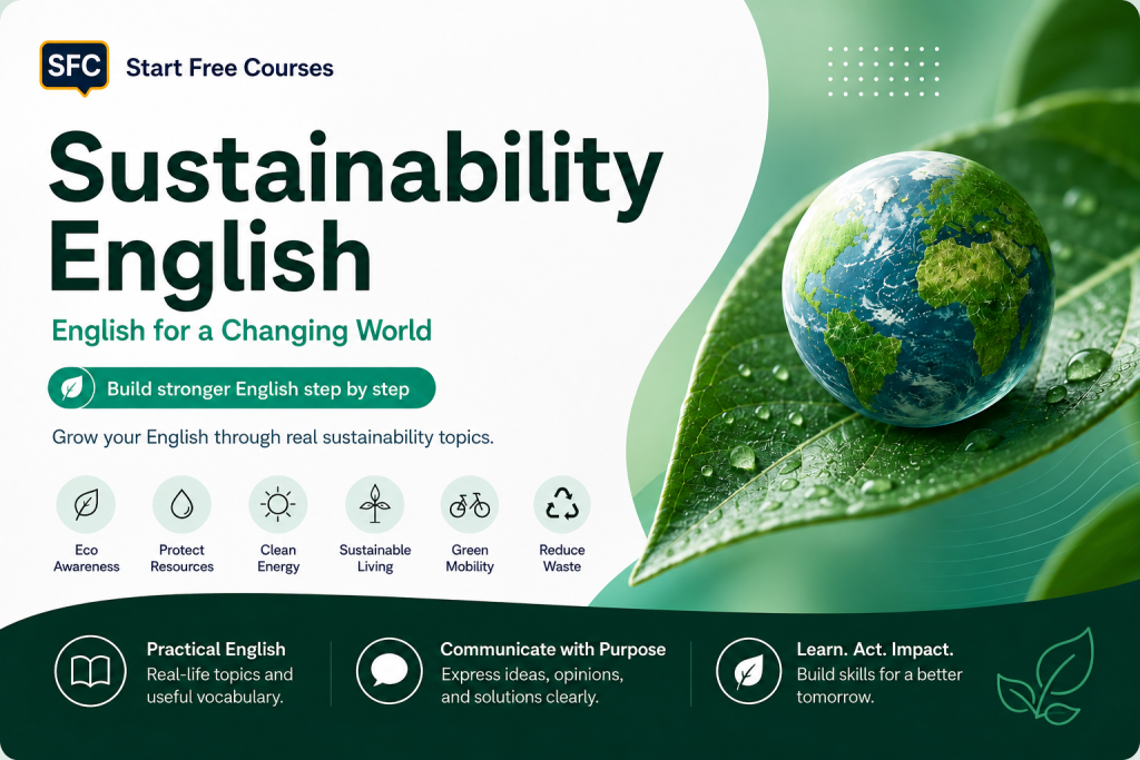 Parcours Sustainability English de StartFreeCourses pour développer l’anglais à travers des thèmes réels liés à l’environnement et au développement durable
